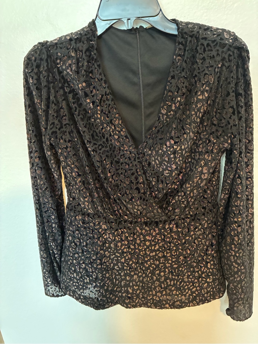 Elie Tahari Black Metallic Leopard Print Long Sleeve Wrap Top